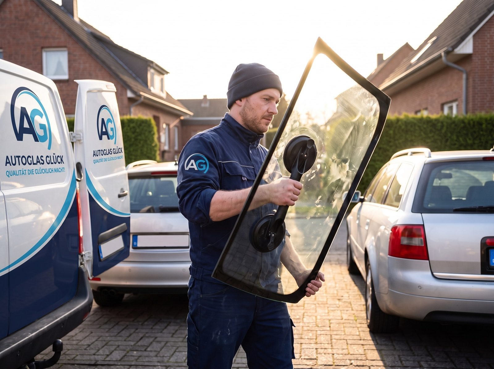 Servicewagen von Autoglas Glück beim mobilen Scheibentausch vor einem Wohnhaus